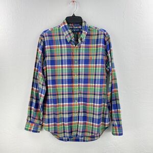 Ralph Lauren Flannel Shirt Long Sleeve Button Down Mens M Blue Plaid Orange Pony
